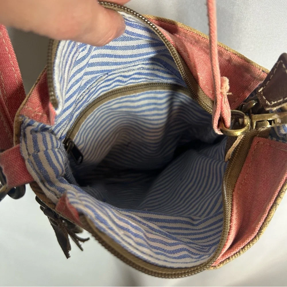 Canvas Crossbody Purse Pink Floral Handbag Tan Zipper Boho